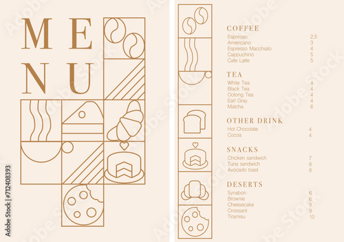Cafe design menu. Coffee drinks menu price list for cafe, coffee shop vector template. Coffee linear print. Pattern with coffee theme in geometric minimalistic style. 