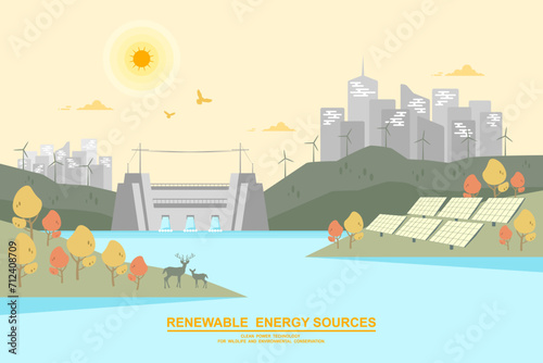 Fototapeta Naklejka Na Ścianę i Meble -  Environmental care and use clean green energy from renewable sources and low carbon concept, Wind power generators or Turbine farm and Solar cells panels, Power generation industry on city background.