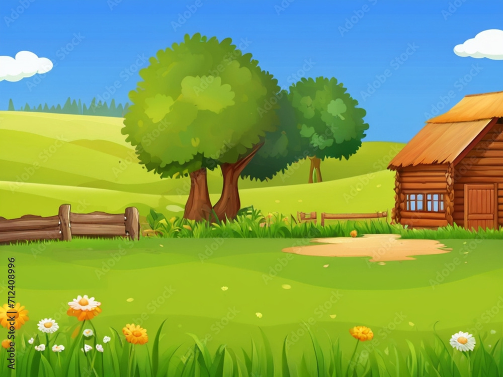 Scene with wooden cottage in the field