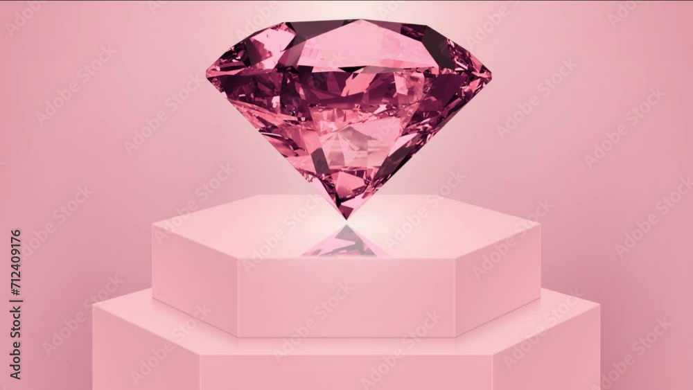 Sparkling bright pink round cut diamond rotating on black glossy background. Seamless loop 3D animation. Beautiful red ruby rotating on a black background. Looping animation, 4k. Rotating diamond 3d