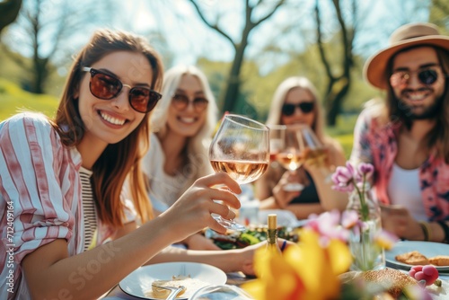 a group of young cheerful diverse men and women posing for a photo on a summer spring picnic in a park, drinking alcoholic beverages and eating food, snacks and having much fun, celebrating vacation photo