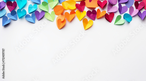 Celebrate Love and Diversity with Vibrant Rainbow Hearts: Perfect Concept for Valentine's Day, LGBT Pride Month - Isolated on White with Copy Space for Promotional Content! photo