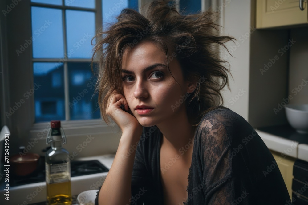 Fototapeta premium Portrait of pretty drunk girl sitting in the kitchen. Concept of dangers of alcoholism. Generative AI