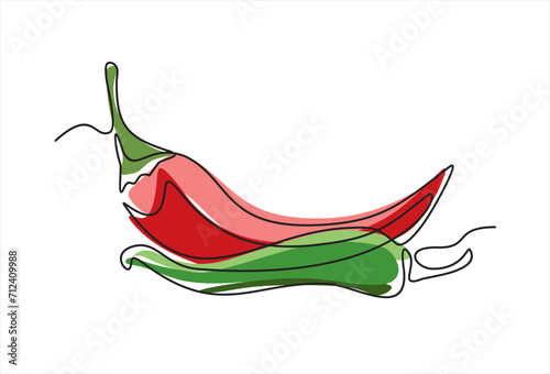 Red chili pepper design in continuous line art drawing style. Hot spice chilli isolated on white background. Vector illustration
