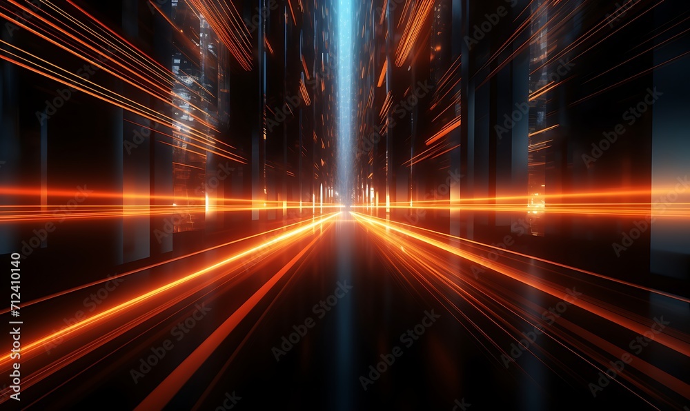 Obraz premium High speed straight lines and bokeh lights, glowing neon, speed of light in black studios. Generative Ai