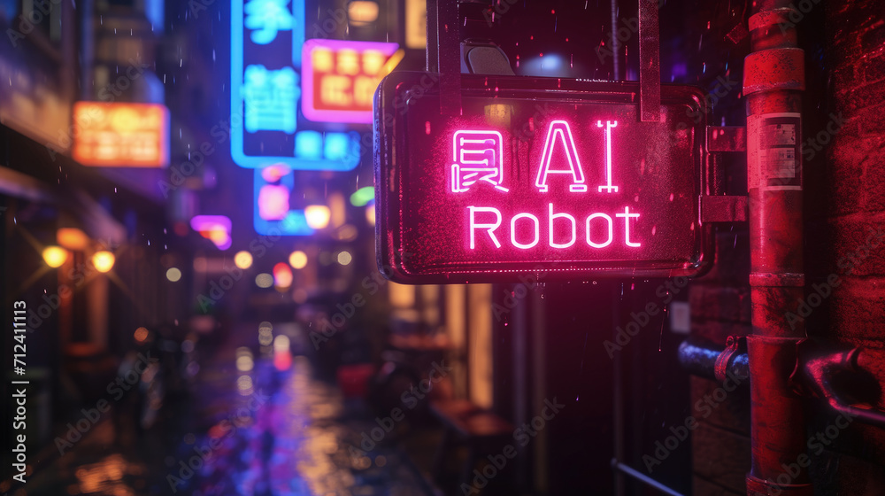 AI Robot store or workshop on cyberpunk city street at night, neon signs on dark grungy alley with blue and red light in rain. Concept of dystopia, anime, futuristic and future - obrazy, fototapety, plakaty 