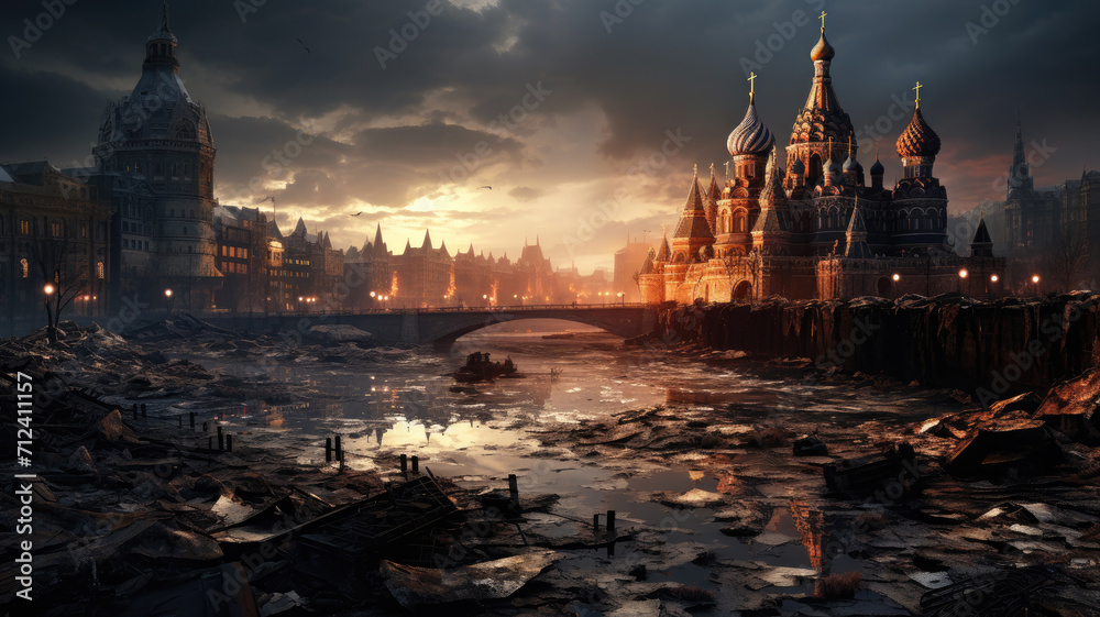 Post apocalypse in Moscow, fantasy view of destroyed city at sunset. Apocalyptic scenery of street, buildings ruins and rubbles. Concept of war, destruction, future, dystopia, Russia - obrazy, fototapety, plakaty 