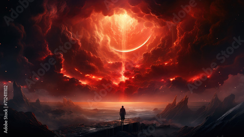 Lone man walks in fantasy World, extraterrestrial landscape with strange planet and red light in dark dramatic sky. Fantastic epic scenery of alien surface. Concept of dream, space, art