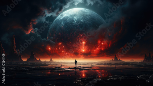 Lone man stands in fantasy World looking at alien landscape with strange burning planet in dark sky. Fantastic epic scenery of extraterrestrial surface. Concept of space, art, story.