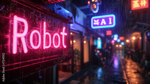 AI Robot store on cyberpunk city street in rain at night, neon signs on dark grungy alley with blue and red light. Concept of dystopia, futuristic technology, industry and future