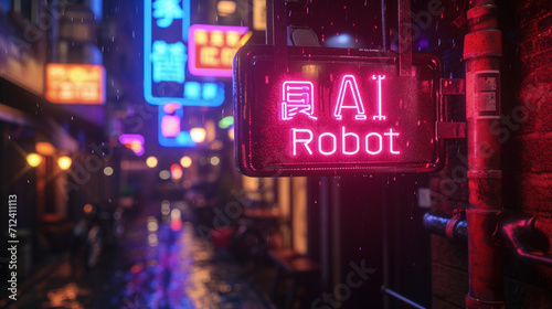 AI Robot store or workshop on cyberpunk city street at night, neon signs on dark grungy alley with blue and red light in rain. Concept of dystopia, anime, futuristic and future