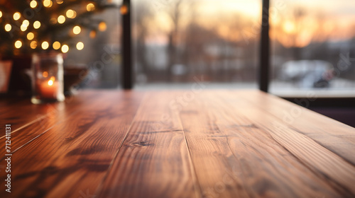 Wooden tabletop over defocused kitchen background , Generate Ai
