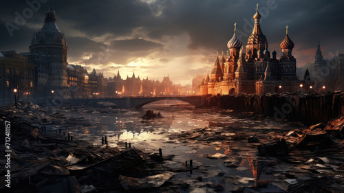 Post apocalypse in Moscow, fantasy view of destroyed city at sunset. Apocalyptic scenery of street, buildings ruins and rubbles. Concept of war, destruction, future, dystopia, Russia