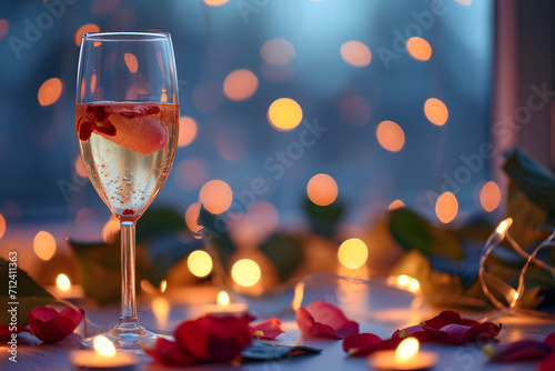 Eleganter Genuss: Sektgläser mit Rosenblüten vor festlichem Bokeh-Hintergrund