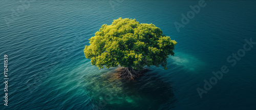 Solitary Green Tree Standing on a Small Island Surrounded by the Tranquil Blue Waters