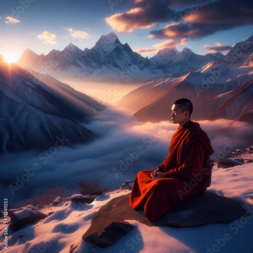 monk meditating amidst misty mountains at sunrise