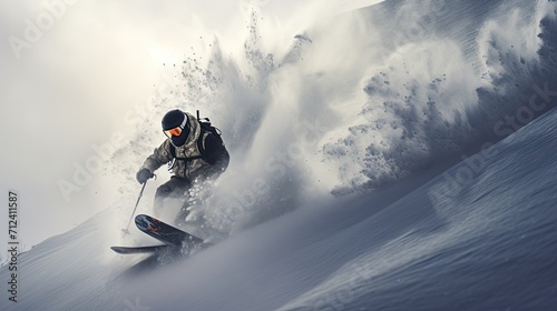 Snowboarder on the freeride slope. downhill with snowboards in fresh snow. Vacation concept. Extreme winter sport