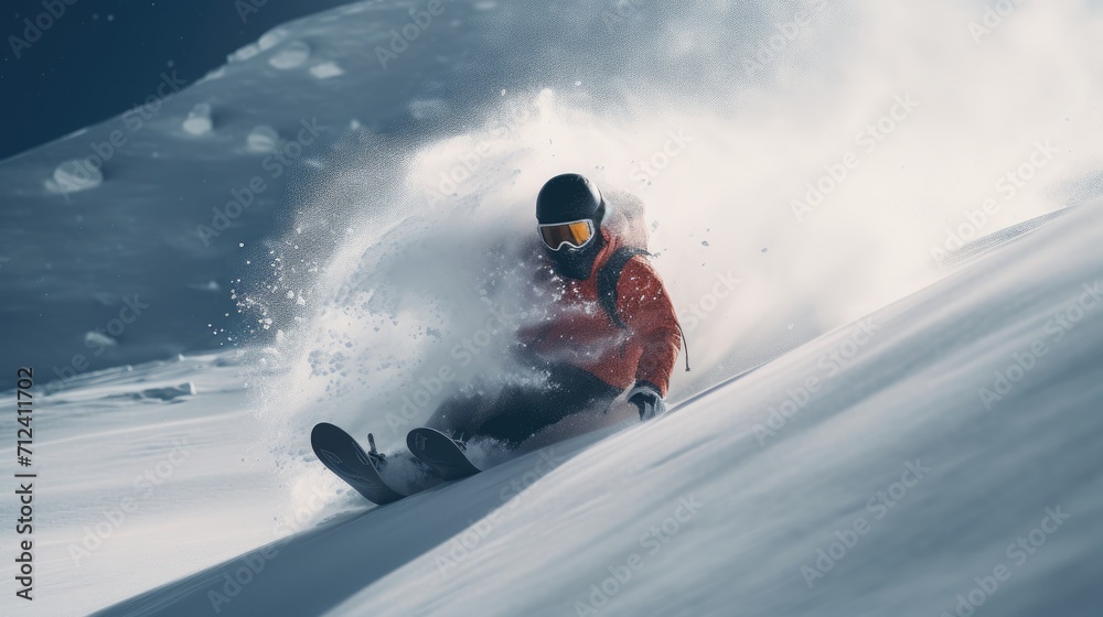 Snowboarder on the freeride slope. downhill with snowboards in fresh snow. Vacation concept. Extreme winter sport