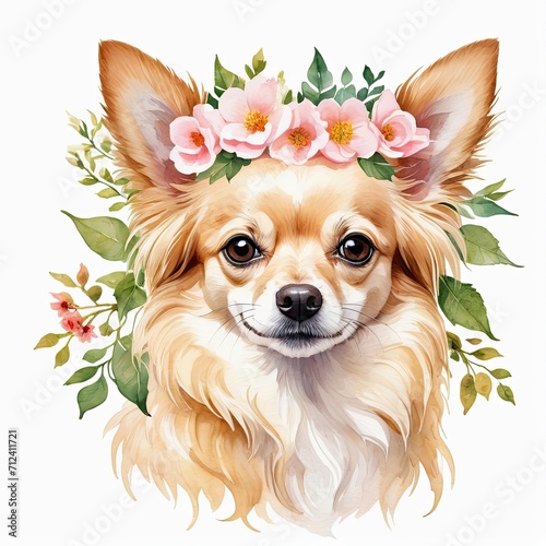 Watercolor cream chihuahua dog with floral wreath on head