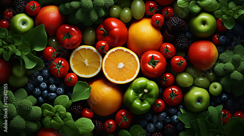 Assorted fresh ripe fruits and vegetables. Food concept background. Top view. Copy space, Generate AI © VinaAmeliaGRPHIC