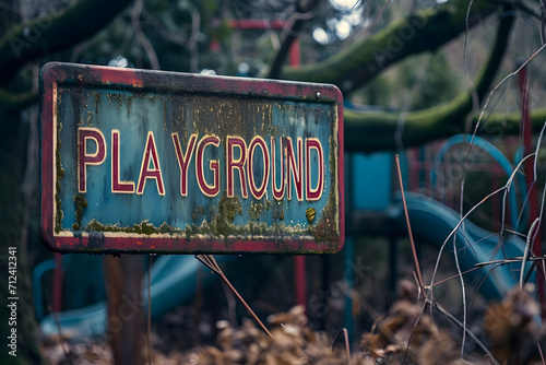 Verwitterter Charme: Heruntergekommenes Schild mit der Aufschrift 'Playground' verströmt nostalgische Authentizität und erzählt Geschichten vergangener Zeiten auf verlassenem Kinderspielplatz photo