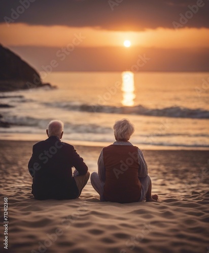 Senior couple sitting on the sandy beach and looking at the sea sunset. 