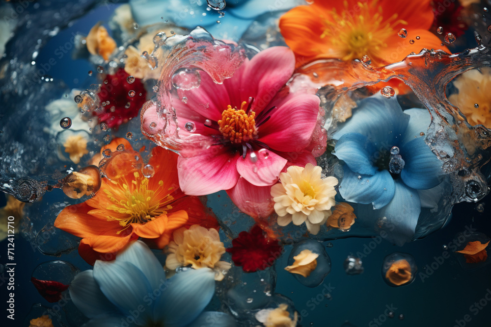 Beautiful close-up of flowers in coloured water 