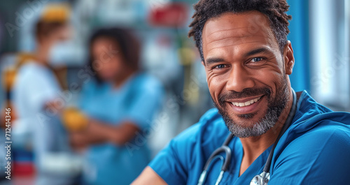 Closeup portrait of black man doctor therapist in blue scrubs smiles and looking at camera.