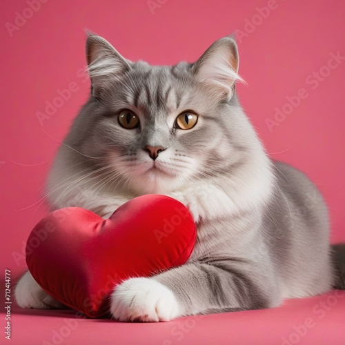 Pudgy Cat Studio Photo, Adorable Gray Cat with a Heart Cushion, Lying Down, Cozy Valentine © Hikari 