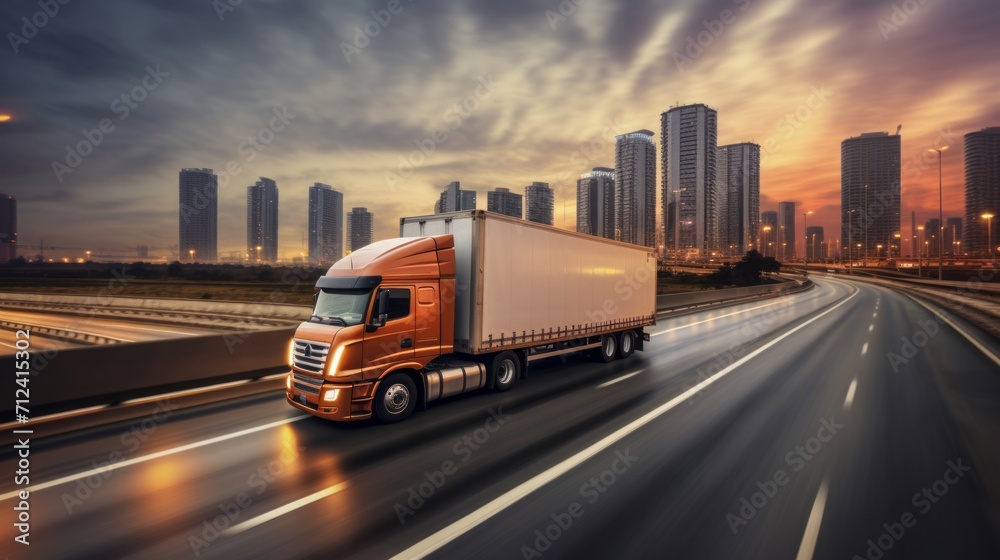 Truck transport on the road at sunset and cargo. Neural network AI generated art