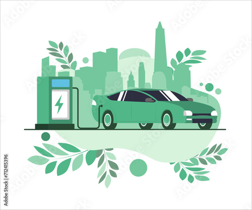 Modern electric smart suv car charging parking at the charger station with a plug in cable. Isolated flat vector illustration concept on white background. Electrified future transportation e-motion.