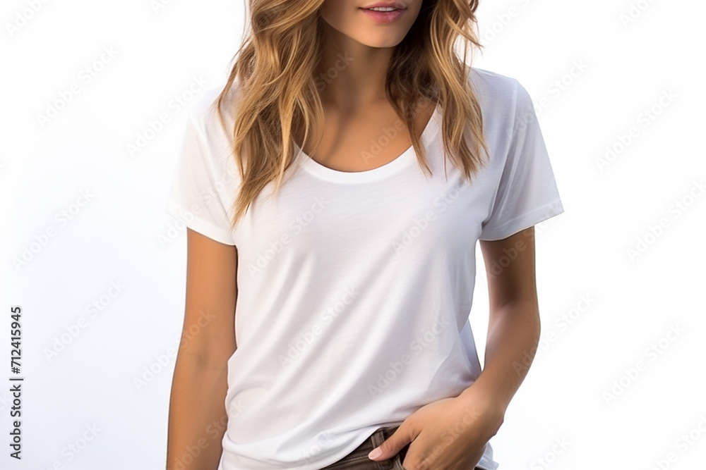 Fototapeta premium Woman in White Tshirt Mockup created with Generative AI