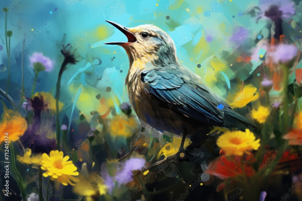 Nature's Symphony: Singing Song Bird Perched Among Wildflowers in Meadow