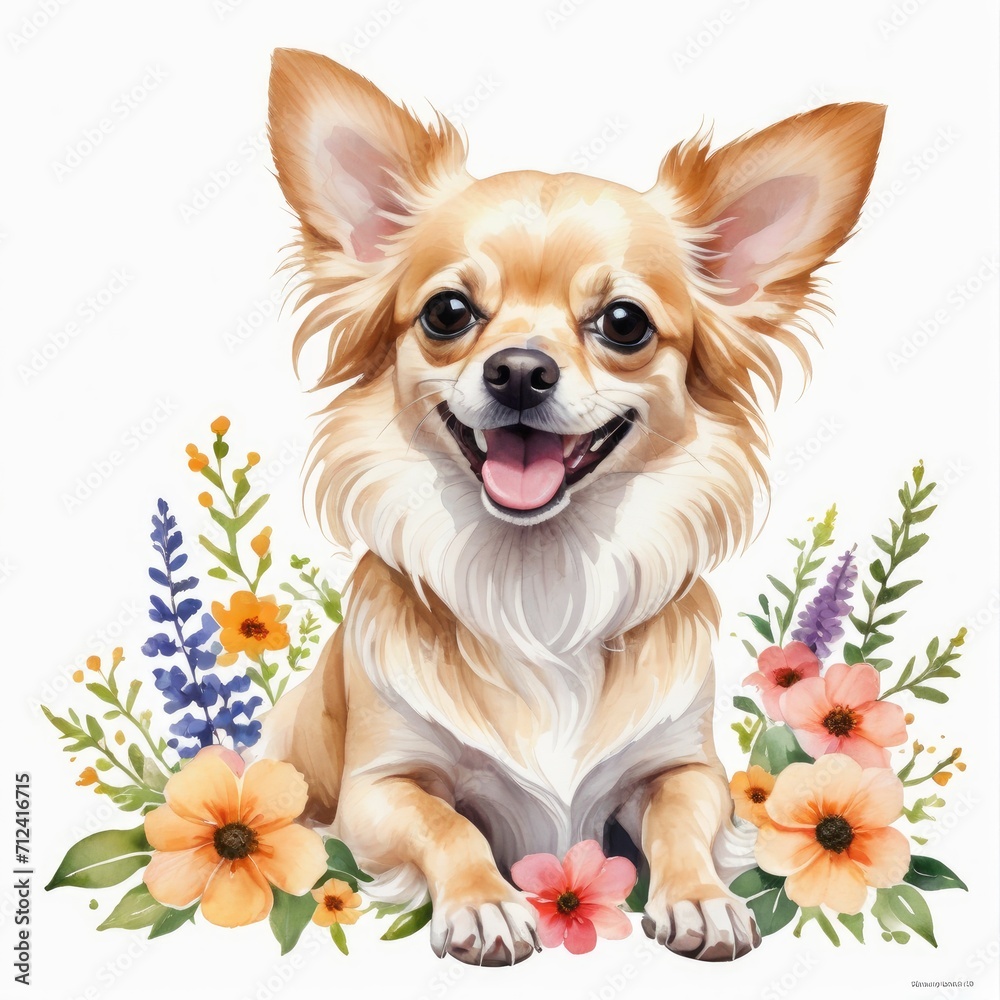 Watercolor cream chihuahua dog with flowers around
