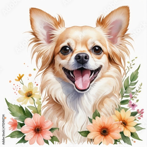 Watercolor cream chihuahua dog with flowers around © QuoDesign