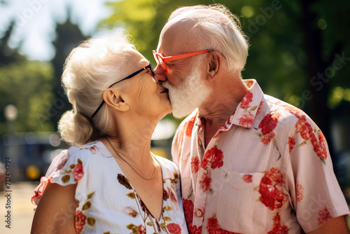 Elderly husband and wife kissing in nature in the summertime