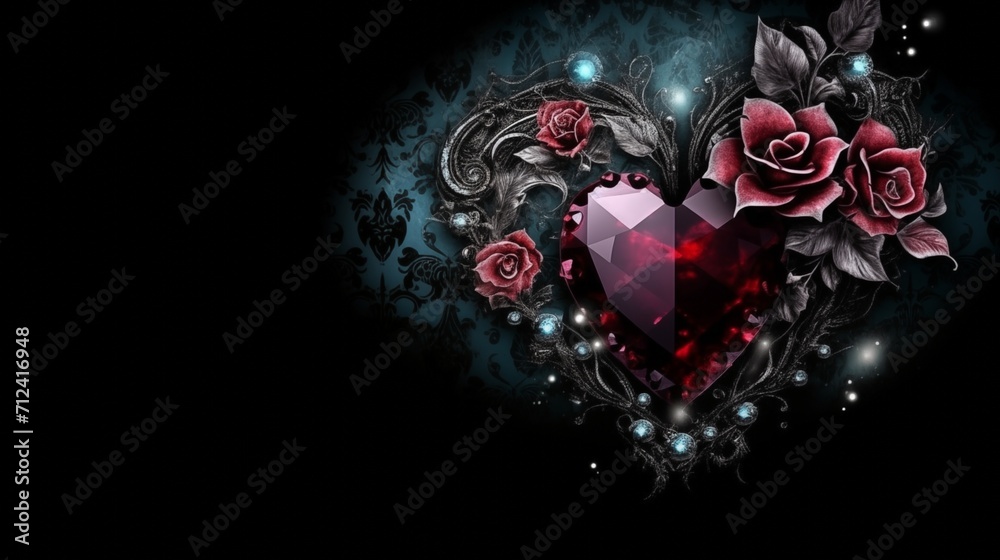 Glass gothic heart with roses and diamonds on black background, place for text. Valentines Day wallpaper. - obrazy, fototapety, plakaty 