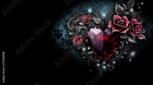 Glass gothic heart with roses and diamonds on black background, place for text. Valentines Day wallpaper. photo