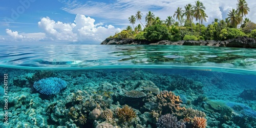 An underwater seascape with vibrant coral, fish, and clear blue water, creating an idyllic tropical scene. © Iryna