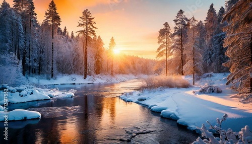 Frozen Glow: A Tranquil Winter Forest Bathed in Sunset's Warm Embrace" © Sadaqat