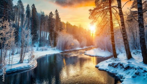 Sunset Serenity: Exploring a Winter Forest Alongside a Glistening River" © Sadaqat