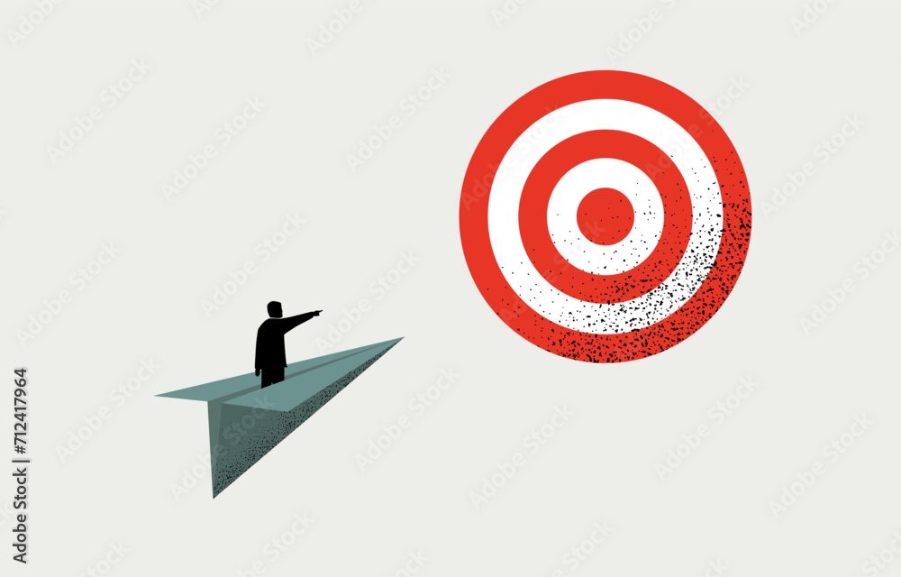 Business goal, target, objective concept, businessman riding paper plane to reach target, vector illustration.