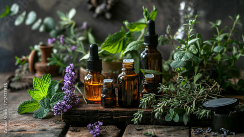 Assortment of essential oil bottles with fresh herbs. selective focus. Generative AI, photo