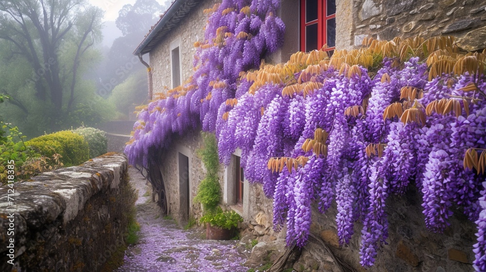 A cascade of wisteria, cascading down an ancient stone wall.