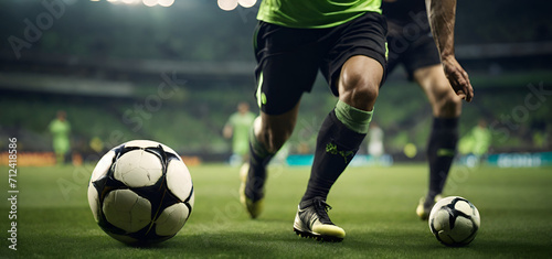 close-up photo of a professional soccer player playing football on a green grass pitch at a big stadium. generated by AI