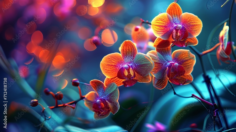 Orchids in a symphony of colors, illuminated by soft moonlight. - obrazy, fototapety, plakaty 