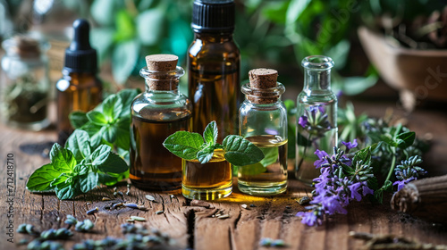 Assortment of essential oil bottles with fresh herbs. selective focus. Generative AI, photo