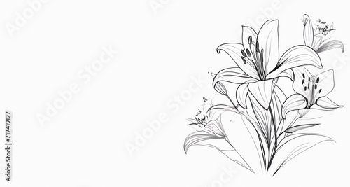 lily flowers silhouette outline line art on white background copy space left