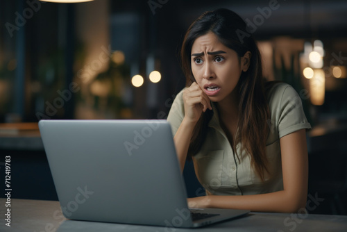 Business woman who owns small business is not satisfied with her company earnings. Student is frustrated because of bad results in last exam. Housewife receives bad news to email on laptop computer 