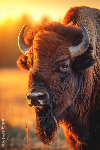 Portrait of big majestetic bison, closeup photo